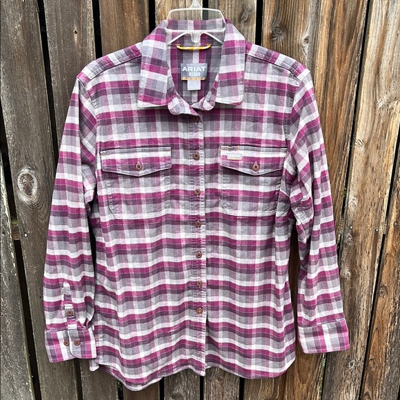 Ariat Large Flannel Shirt Ladies Rebar Plaid Purple Gray Button Front L Stretch - Picture 1 of 10